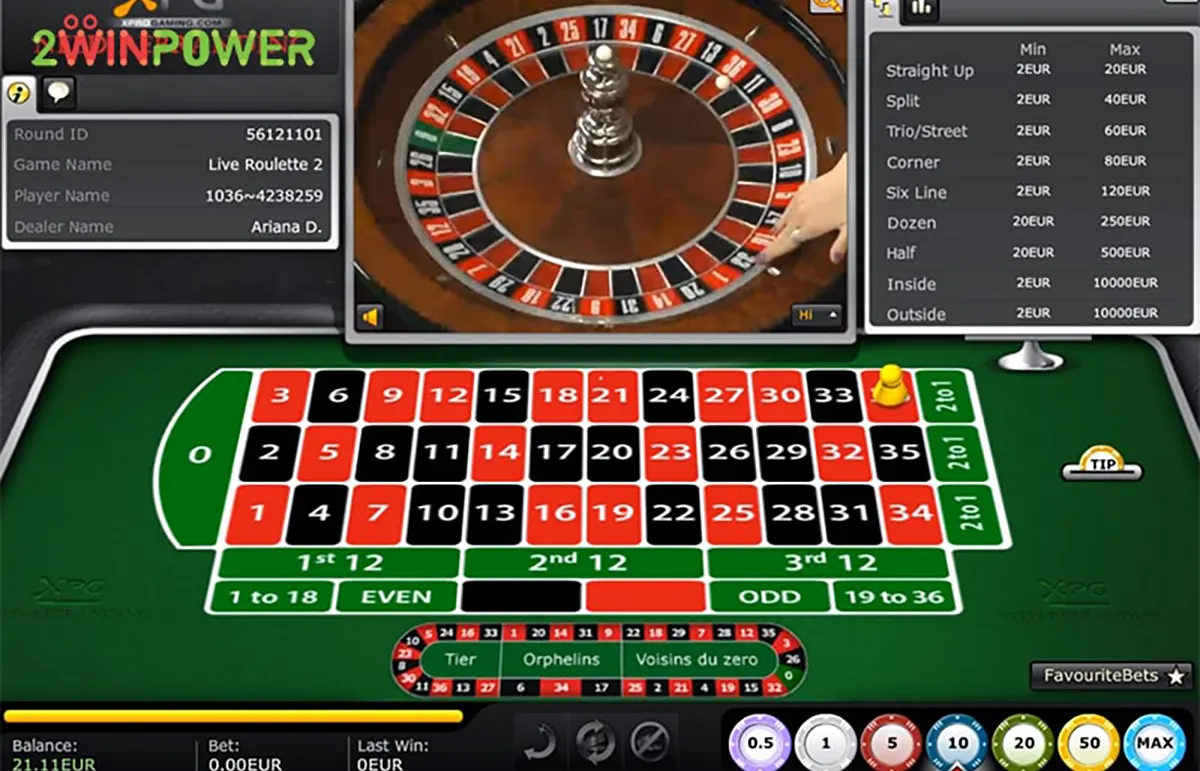 Live roulette game interface showing a green betting table with numbered red and black squares, a video feed of the roulette wheel at the top, and side panels listing bet limits, chips, and player round details.